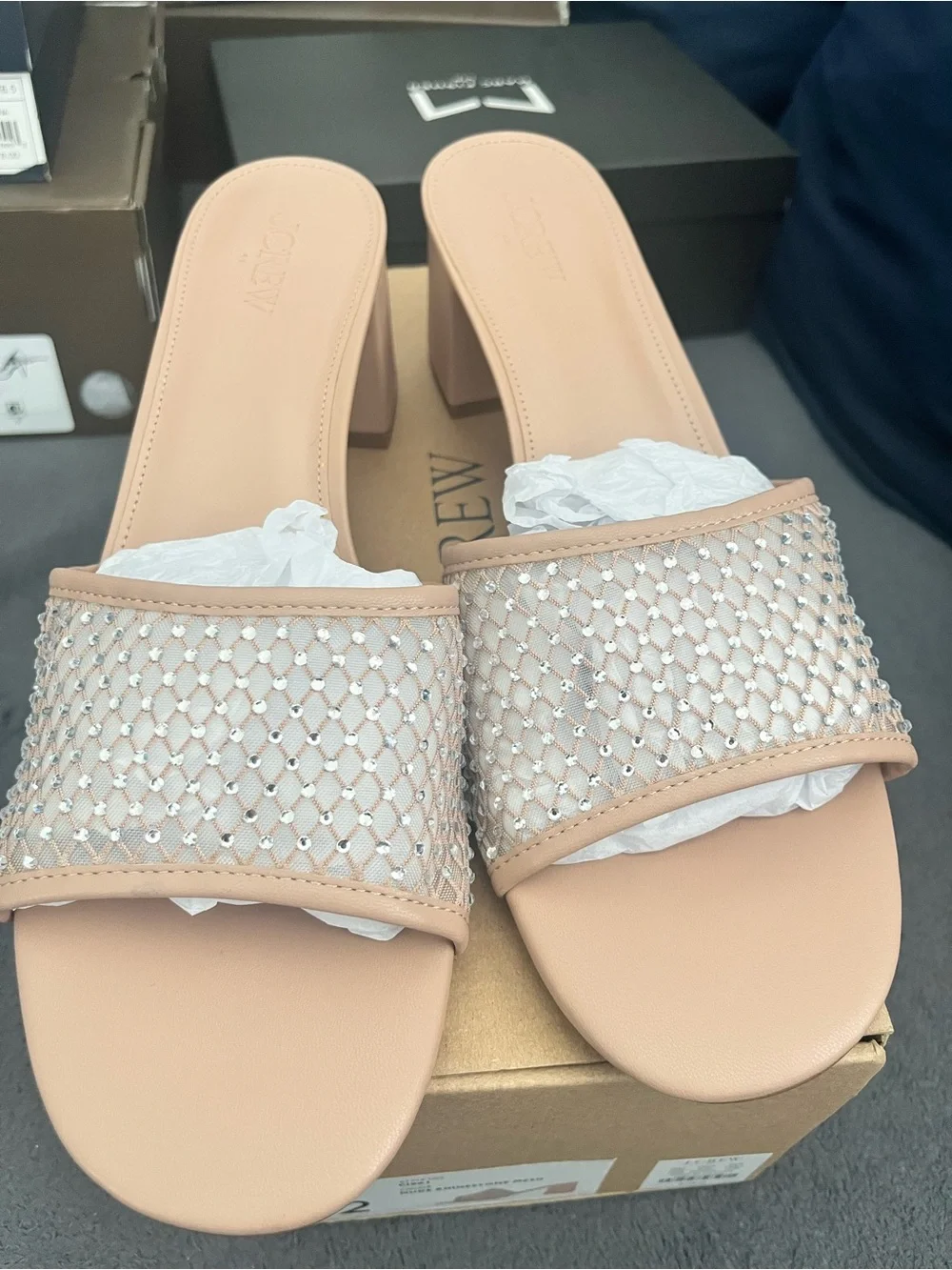 NWT J.Crew Rhinestone Mesh Mule Heels Size 12 | Nude Block Heel